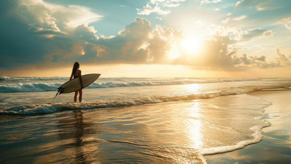 female-surfer-sunset-ocean-surfboard
